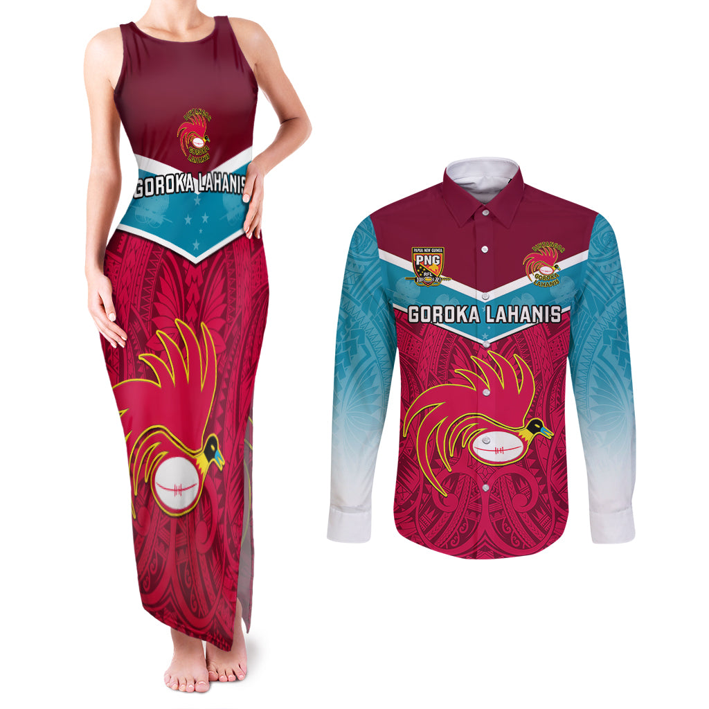 Custom Papua New Guinea Rugby Couples Matching Tank Maxi Dress and Long Sleeve Button Shirts Goroka Lahanis PNG Polynesian Pattern - Wonder Print Shop