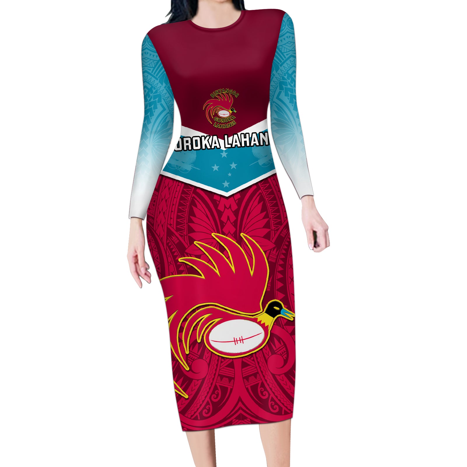 Custom Papua New Guinea Rugby Long Sleeve Bodycon Dress Goroka Lahanis PNG Polynesian Pattern - Wonder Print Shop