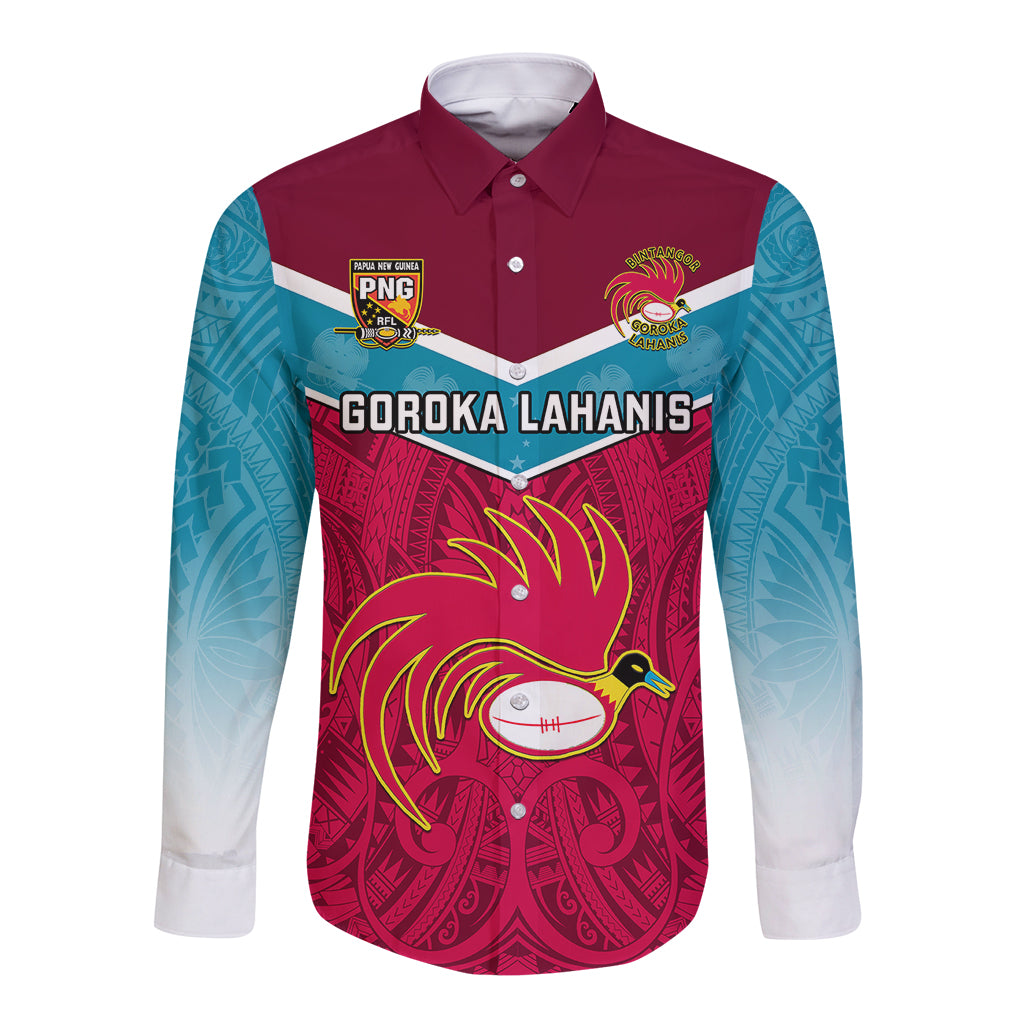 Custom Papua New Guinea Rugby Long Sleeve Button Shirt Goroka Lahanis PNG Polynesian Pattern - Wonder Print Shop