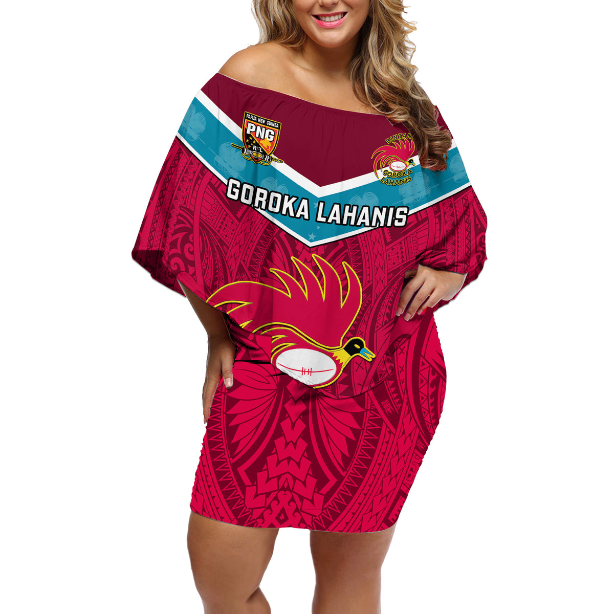 Custom Papua New Guinea Rugby Off Shoulder Short Dress Goroka Lahanis PNG Polynesian Pattern - Wonder Print Shop