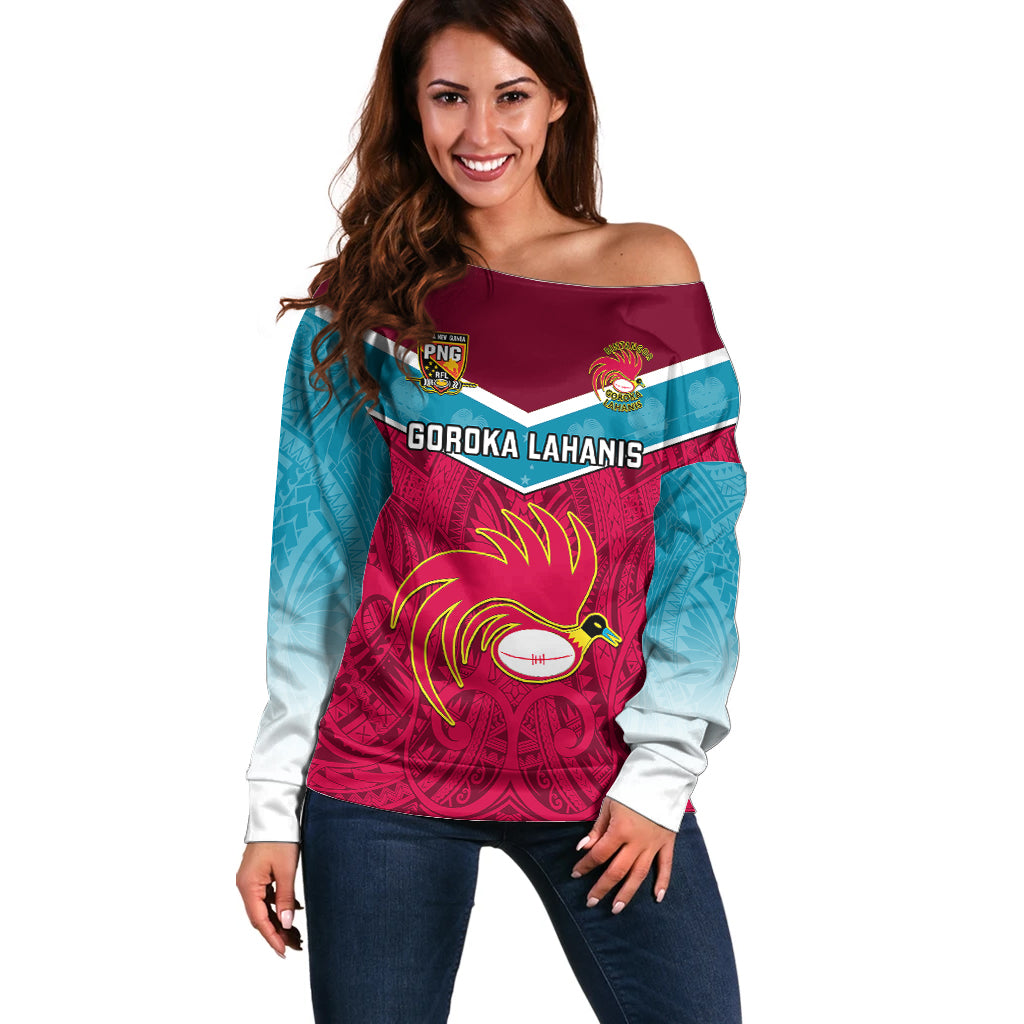 Custom Papua New Guinea Rugby Off Shoulder Sweater Goroka Lahanis PNG Polynesian Pattern - Wonder Print Shop