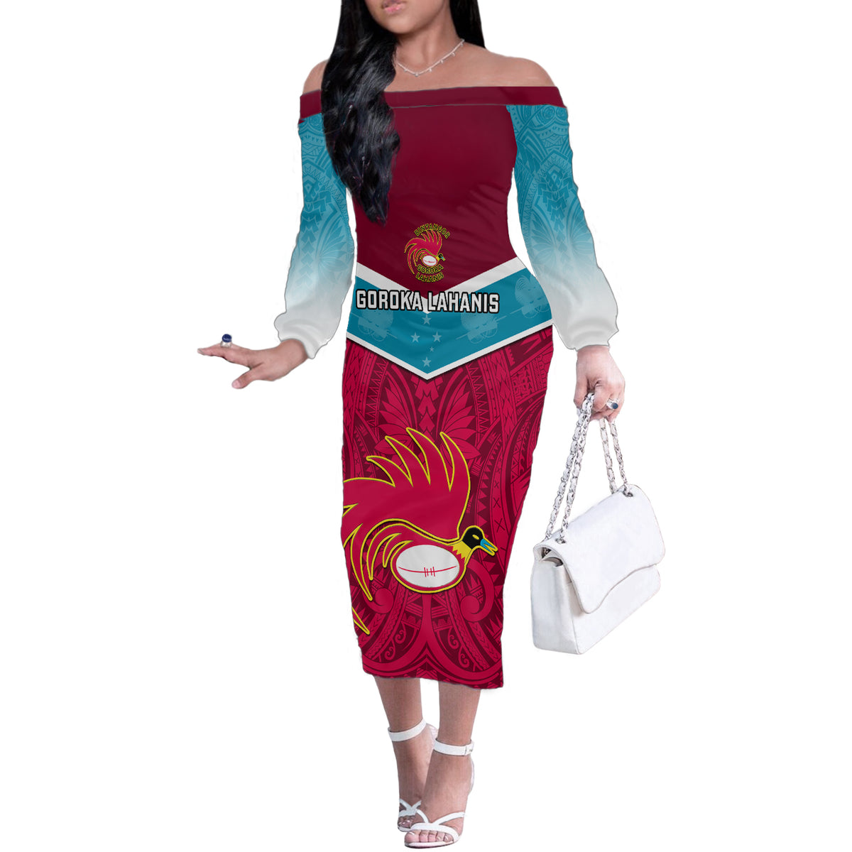 Custom Papua New Guinea Rugby Off The Shoulder Long Sleeve Dress Goroka Lahanis PNG Polynesian Pattern - Wonder Print Shop