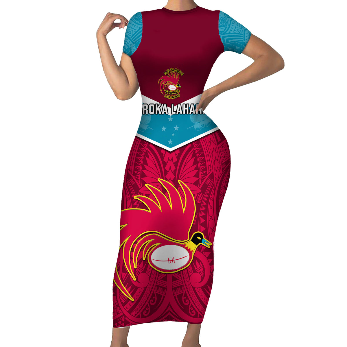Custom Papua New Guinea Rugby Short Sleeve Bodycon Dress Goroka Lahanis PNG Polynesian Pattern - Wonder Print Shop