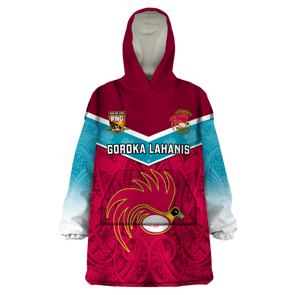 Custom Papua New Guinea Rugby Wearable Blanket Hoodie Goroka Lahanis PNG Polynesian Pattern - Wonder Print Shop