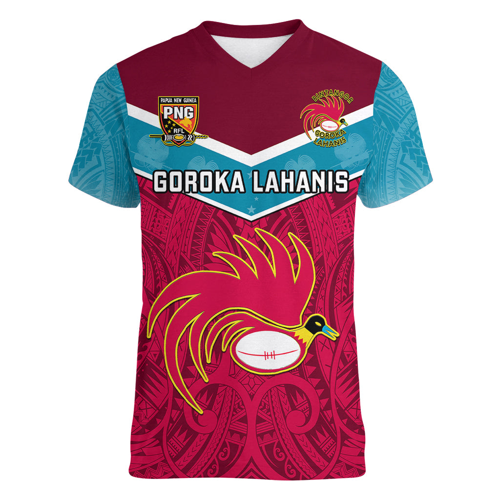Custom Papua New Guinea Rugby Women V Neck T Shirt Goroka Lahanis PNG Polynesian Pattern - Wonder Print Shop