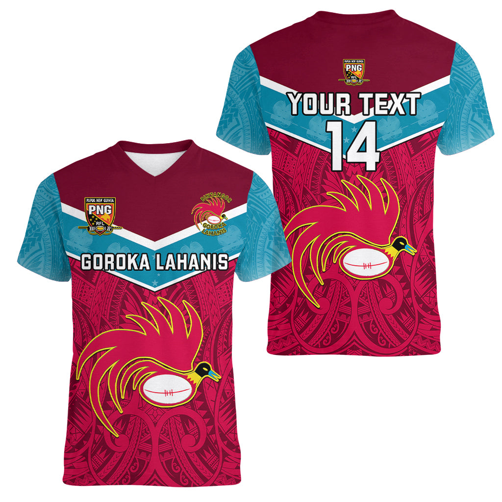 Custom Papua New Guinea Rugby Women V Neck T Shirt Goroka Lahanis PNG Polynesian Pattern - Wonder Print Shop