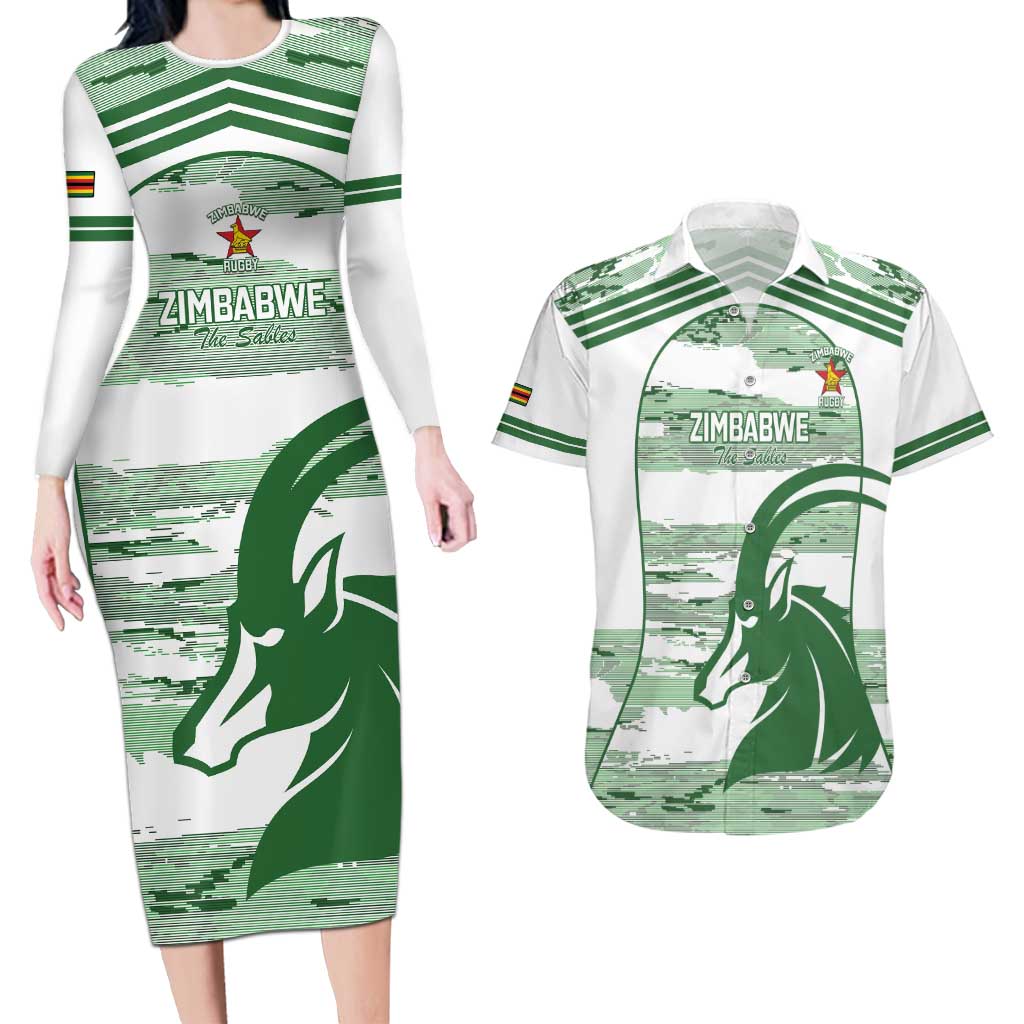 Zimbabwe Rugby Custom Couples Matching Long Sleeve Bodycon Dress and Hawaiian Shirt Come On Sables White Version - Wonder Print Shop