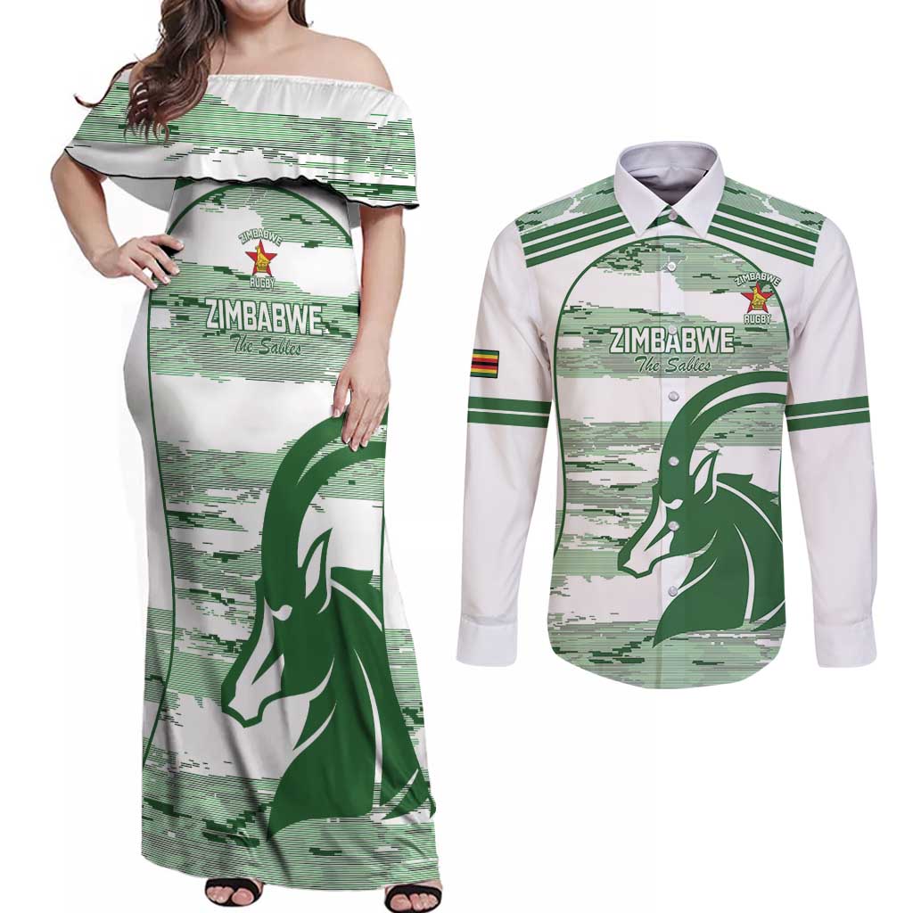 Zimbabwe Rugby Custom Couples Matching Off Shoulder Maxi Dress and Long Sleeve Button Shirt Come On Sables White Version - Wonder Print Shop
