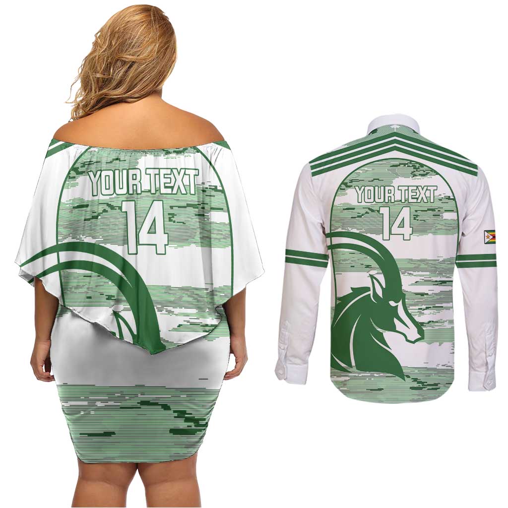 Zimbabwe Rugby Custom Couples Matching Off Shoulder Short Dress and Long Sleeve Button Shirt Come On Sables White Version - Wonder Print Shop