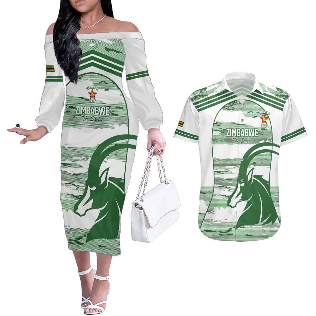 Zimbabwe Rugby Custom Couples Matching Off The Shoulder Long Sleeve Dress and Hawaiian Shirt Come On Sables White Version - Wonder Print Shop