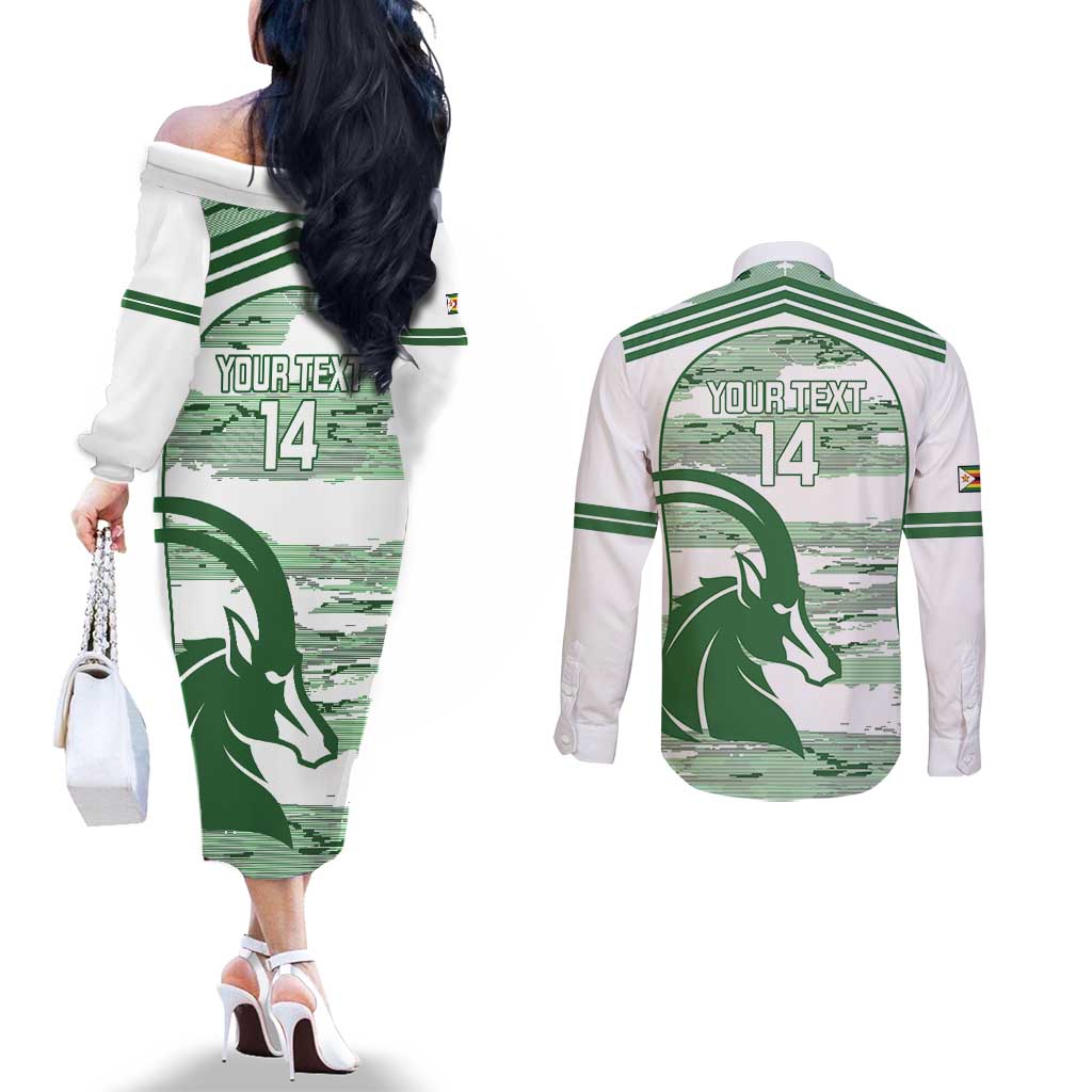 Zimbabwe Rugby Custom Couples Matching Off The Shoulder Long Sleeve Dress and Long Sleeve Button Shirt Come On Sables White Version - Wonder Print Shop