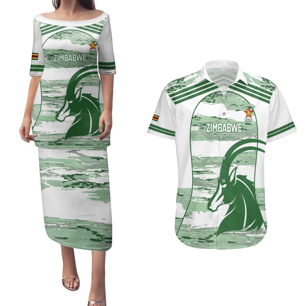 Zimbabwe Rugby Custom Couples Matching Puletasi and Hawaiian Shirt Come On Sables White Version - Wonder Print Shop