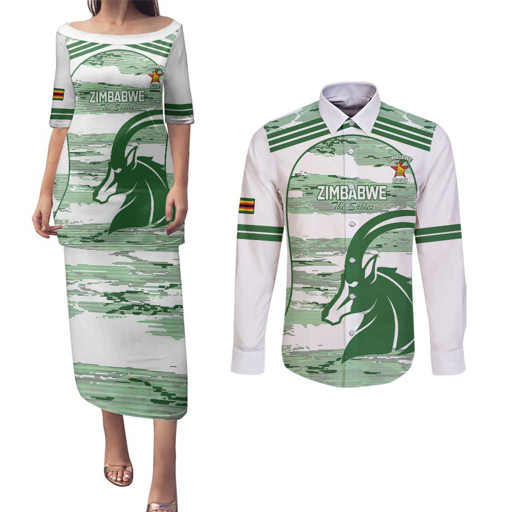 Zimbabwe Rugby Custom Couples Matching Puletasi and Long Sleeve Button Shirt Come On Sables White Version - Wonder Print Shop