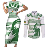 Zimbabwe Rugby Custom Couples Matching Short Sleeve Bodycon Dress and Long Sleeve Button Shirt Come On Sables White Version - Wonder Print Shop