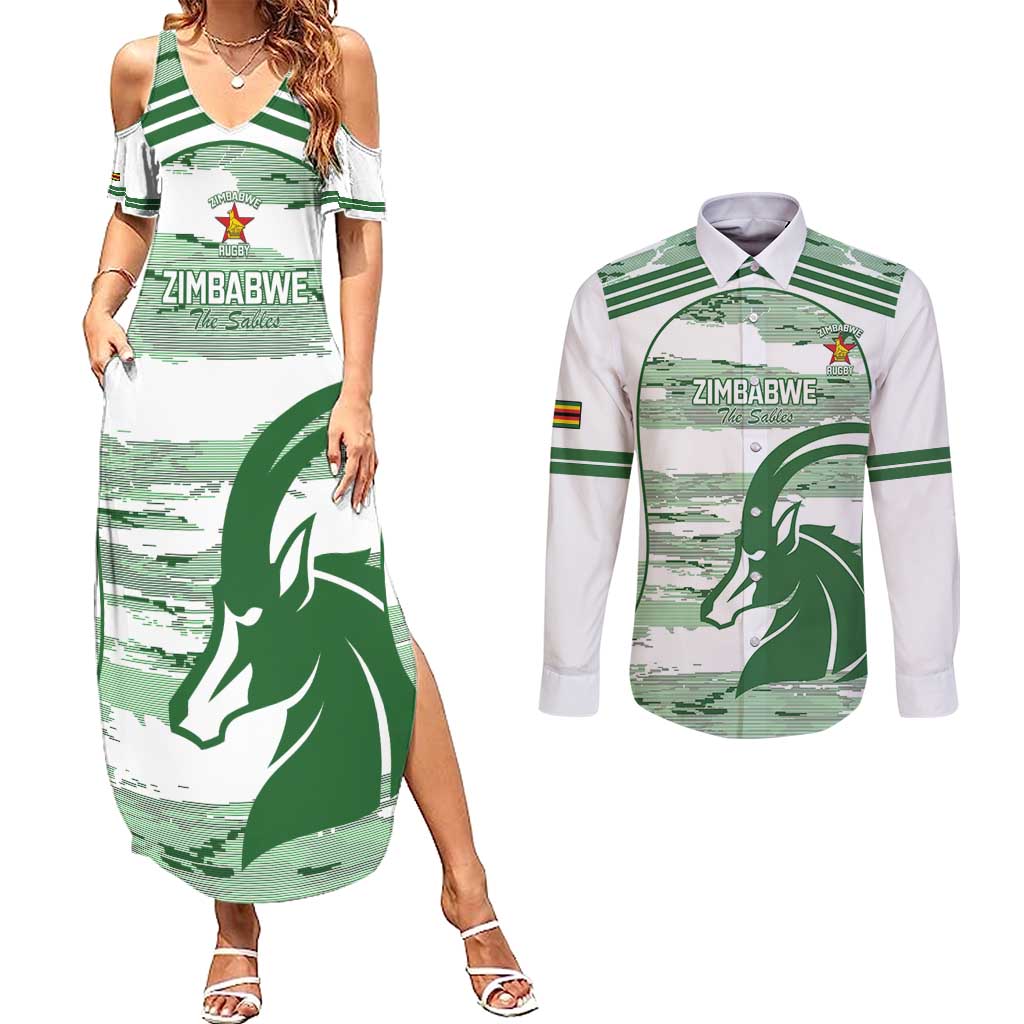 Zimbabwe Rugby Custom Couples Matching Summer Maxi Dress and Long Sleeve Button Shirt Come On Sables White Version - Wonder Print Shop