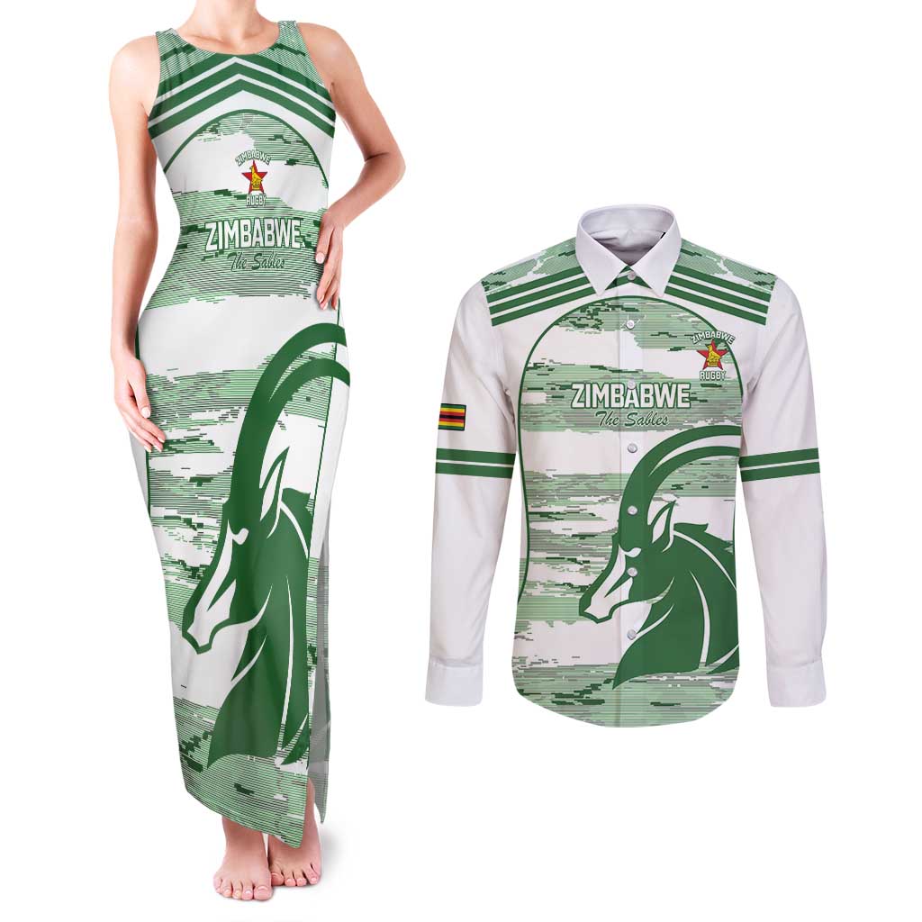 Zimbabwe Rugby Custom Couples Matching Tank Maxi Dress and Long Sleeve Button Shirt Come On Sables White Version - Wonder Print Shop