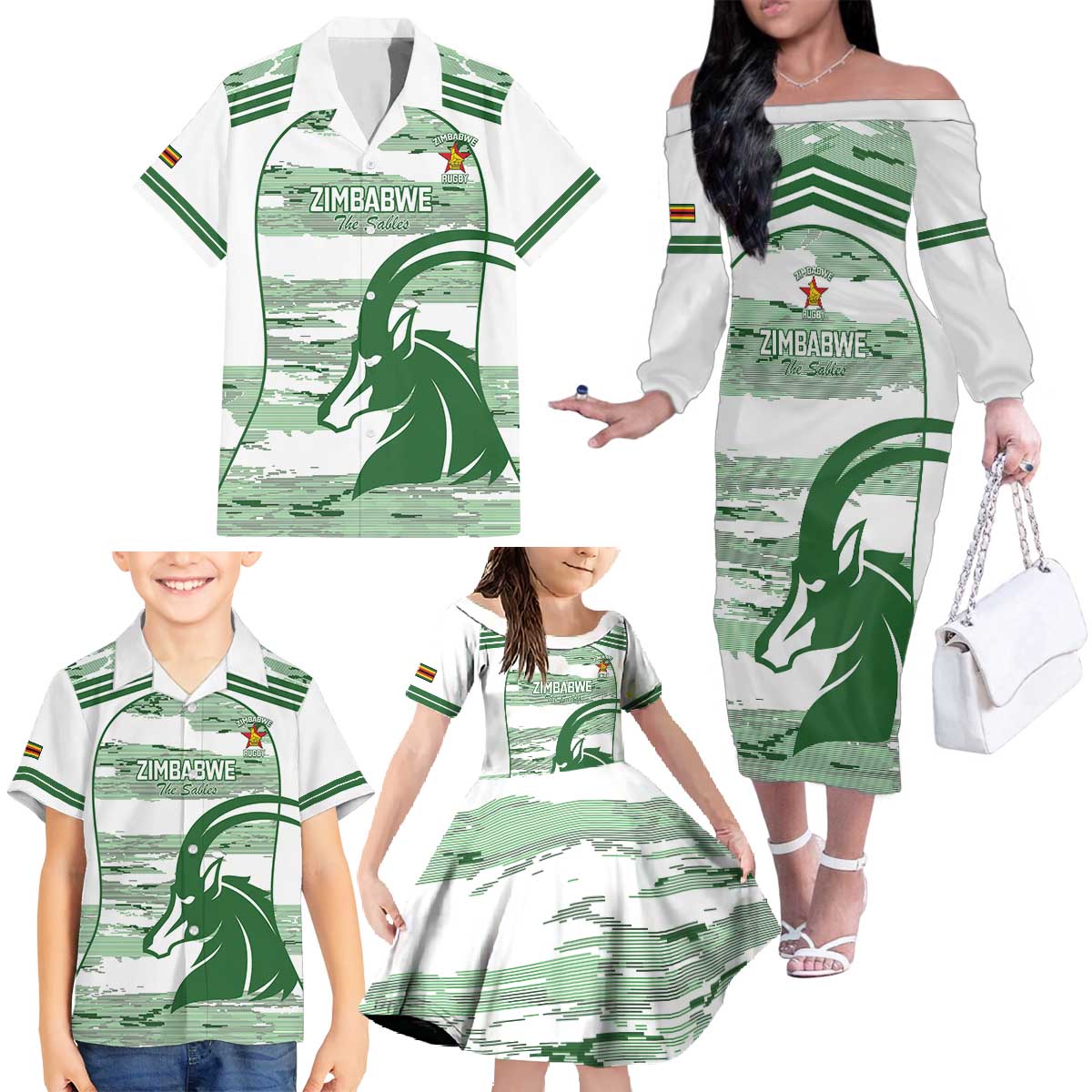Zimbabwe Rugby Custom Family Matching Off The Shoulder Long Sleeve Dress and Hawaiian Shirt Come On Sables White Version - Wonder Print Shop