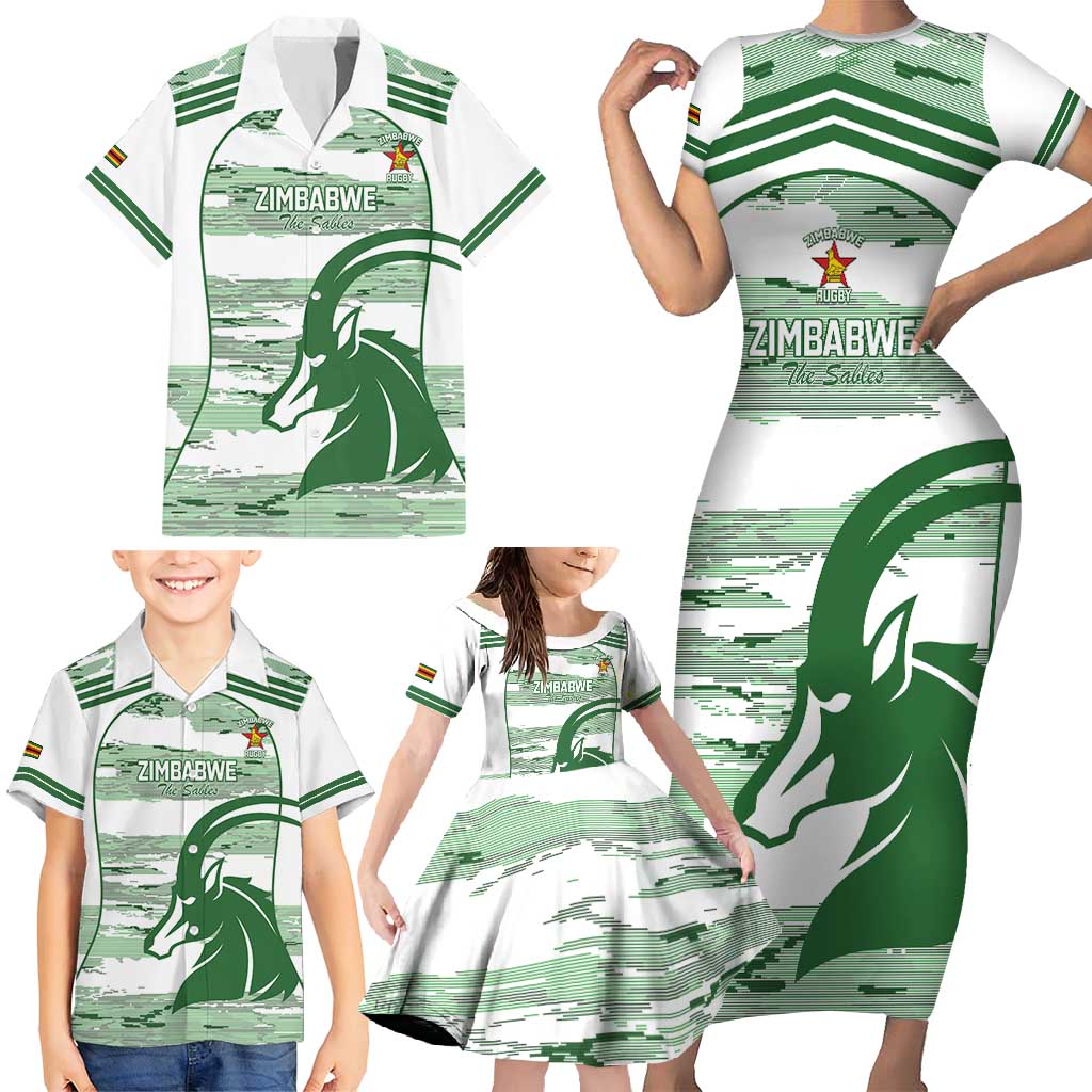 Zimbabwe Rugby Custom Family Matching Short Sleeve Bodycon Dress and Hawaiian Shirt Come On Sables White Version - Wonder Print Shop