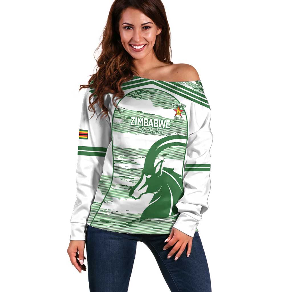 Zimbabwe Rugby Custom Off Shoulder Sweater Come On Sables White Version - Wonder Print Shop
