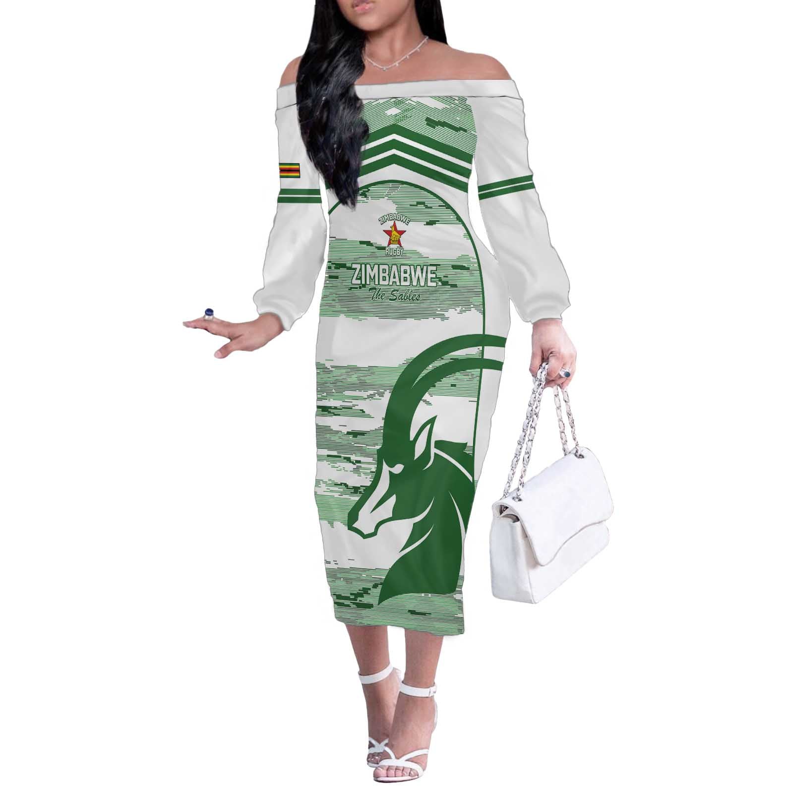 Zimbabwe Rugby Custom Off The Shoulder Long Sleeve Dress Come On Sables White Version - Wonder Print Shop