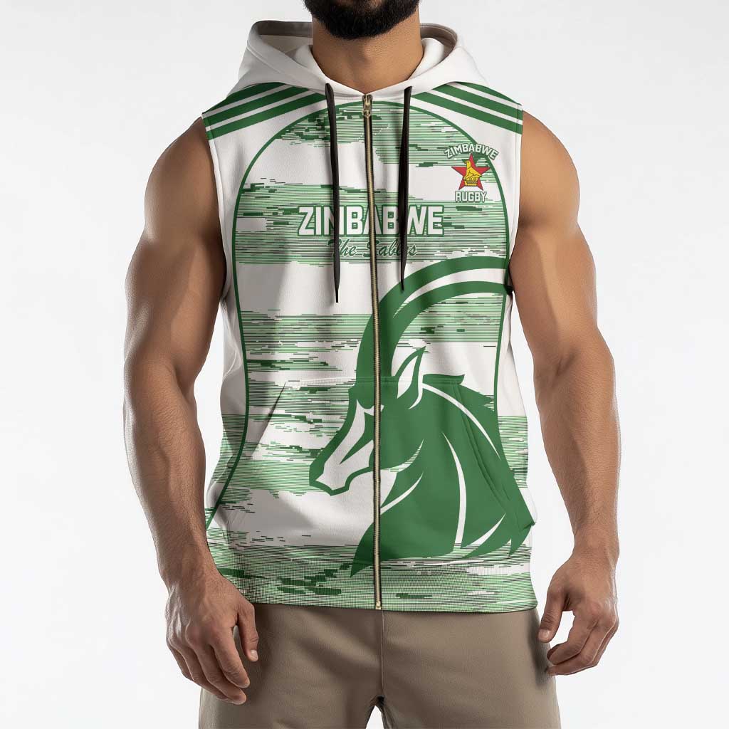 Zimbabwe Rugby Custom Sleeveless Zip Hoodie Come On Sables White Version - Wonder Print Shop