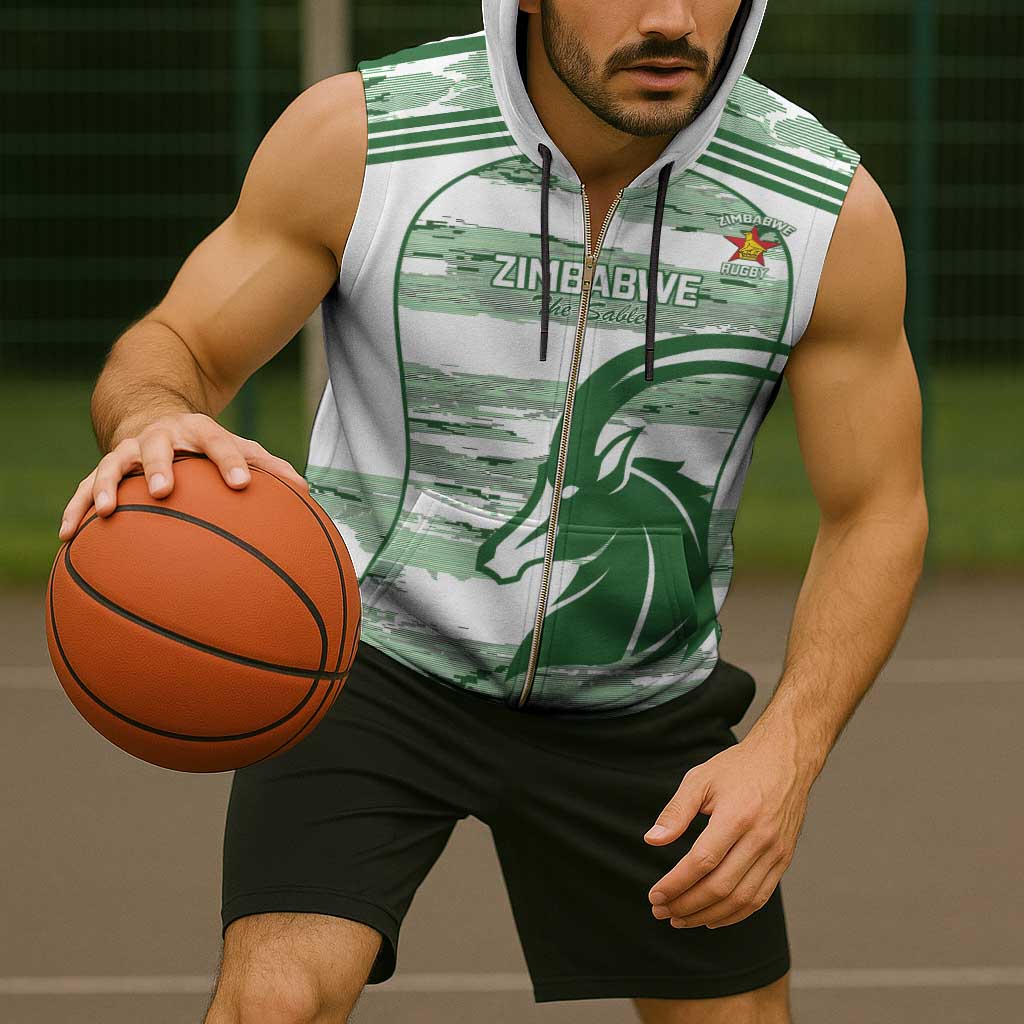 Zimbabwe Rugby Custom Sleeveless Zip Hoodie Come On Sables White Version - Wonder Print Shop