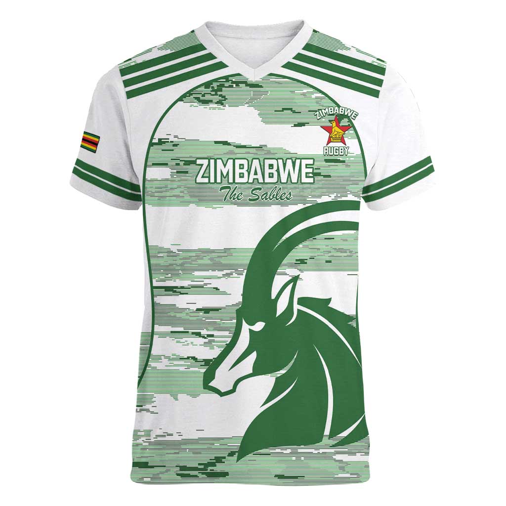 Zimbabwe Rugby Custom Women V-Neck T-Shirt Come On Sables White Version - Wonder Print Shop