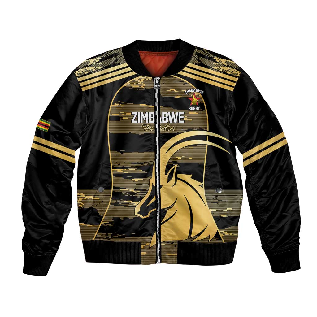 Zimbabwe Rugby Custom Bomber Jacket Come On Sables Gold Black Version - Wonder Print Shop