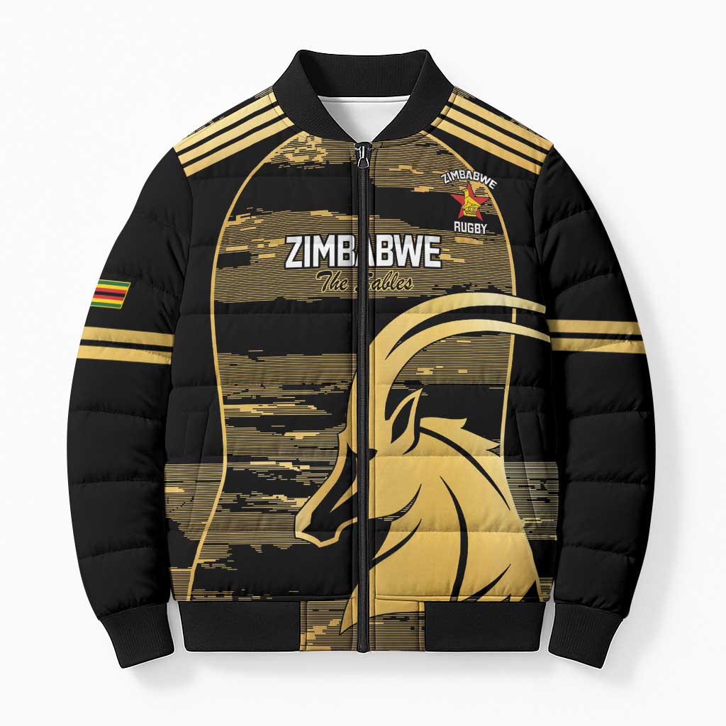 Zimbabwe Rugby Custom Bomber Puffer Jacket Come On Sables Gold Black Version - Wonder Print Shop