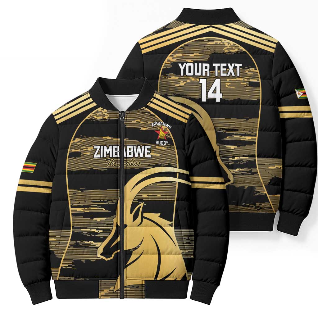 Zimbabwe Rugby Custom Bomber Puffer Jacket Come On Sables Gold Black Version - Wonder Print Shop