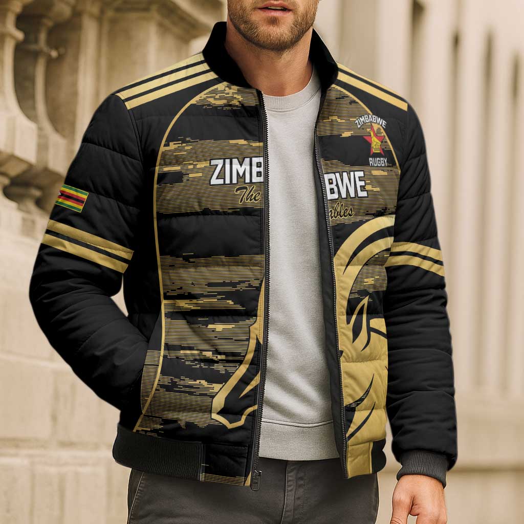 Zimbabwe Rugby Custom Bomber Puffer Jacket Come On Sables Gold Black Version - Wonder Print Shop