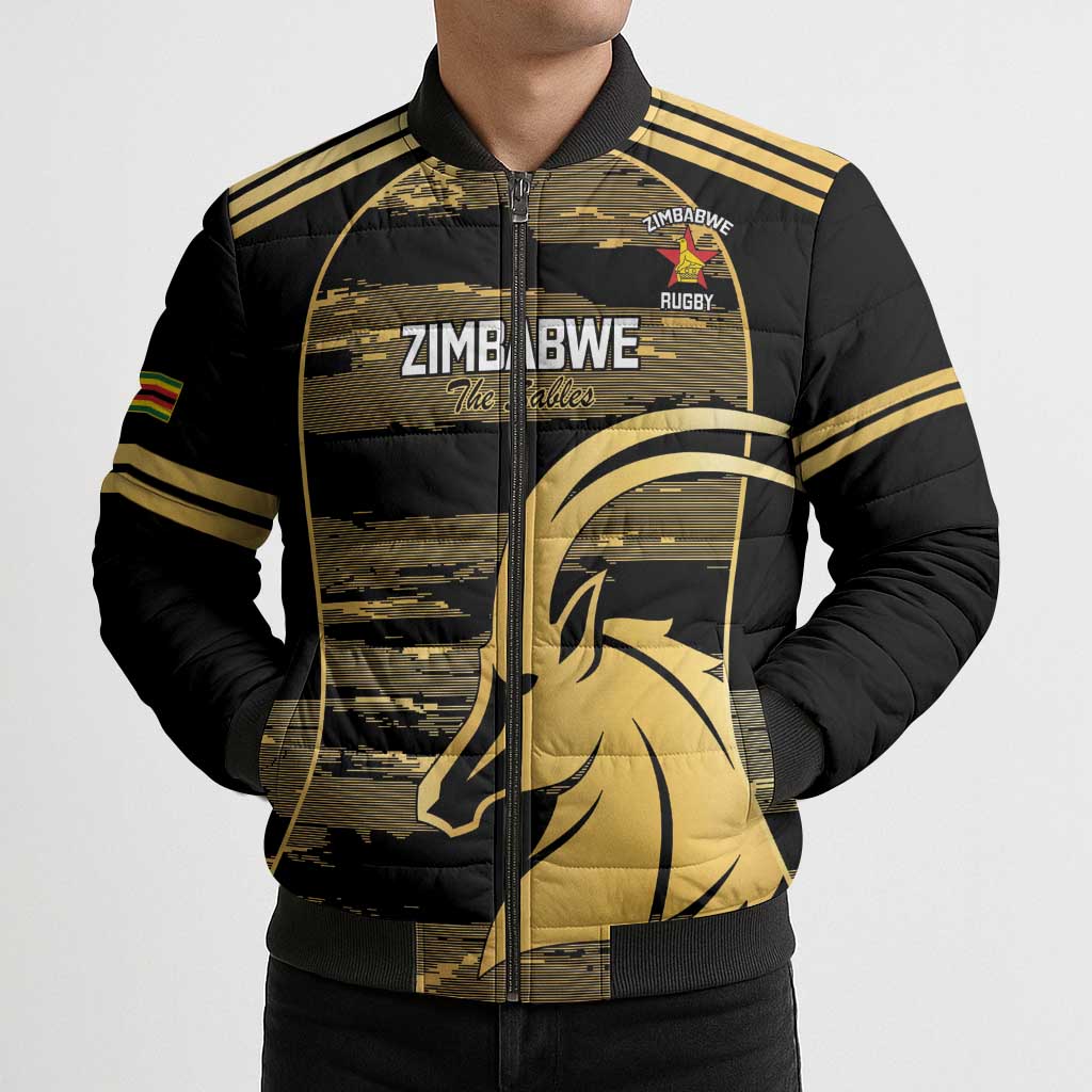Zimbabwe Rugby Custom Bomber Puffer Jacket Come On Sables Gold Black Version - Wonder Print Shop