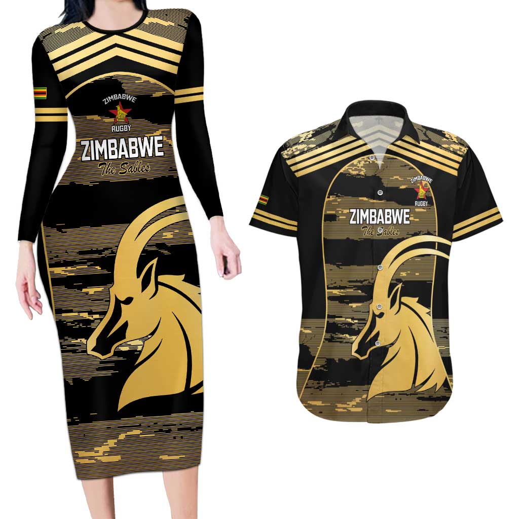 Zimbabwe Rugby Custom Couples Matching Long Sleeve Bodycon Dress and Hawaiian Shirt Come On Sables Gold Black Version - Wonder Print Shop