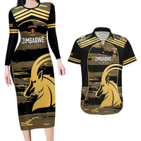 Zimbabwe Rugby Custom Couples Matching Long Sleeve Bodycon Dress and Hawaiian Shirt Come On Sables Gold Black Version - Wonder Print Shop