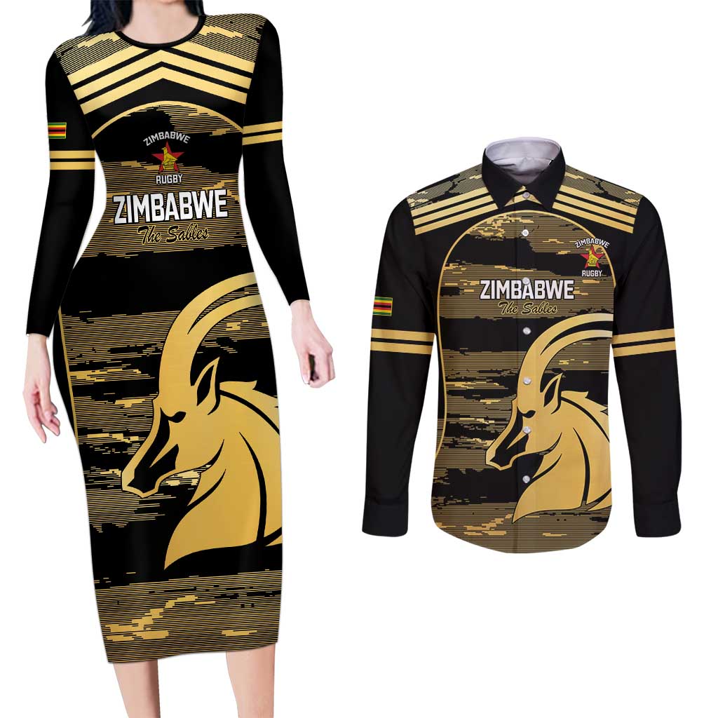 Zimbabwe Rugby Custom Couples Matching Long Sleeve Bodycon Dress and Long Sleeve Button Shirt Come On Sables Gold Black Version - Wonder Print Shop