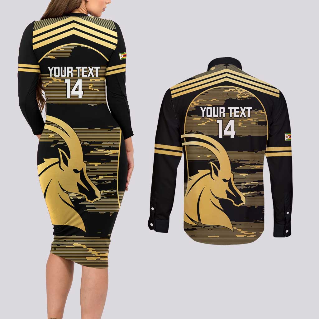 Zimbabwe Rugby Custom Couples Matching Long Sleeve Bodycon Dress and Long Sleeve Button Shirt Come On Sables Gold Black Version - Wonder Print Shop