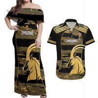 Zimbabwe Rugby Custom Couples Matching Off Shoulder Maxi Dress and Hawaiian Shirt Come On Sables Gold Black Version - Wonder Print Shop