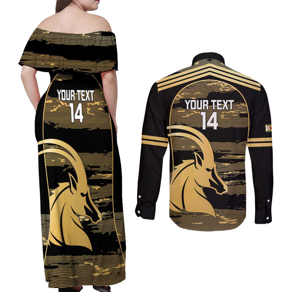 Zimbabwe Rugby Custom Couples Matching Off Shoulder Maxi Dress and Long Sleeve Button Shirt Come On Sables Gold Black Version - Wonder Print Shop