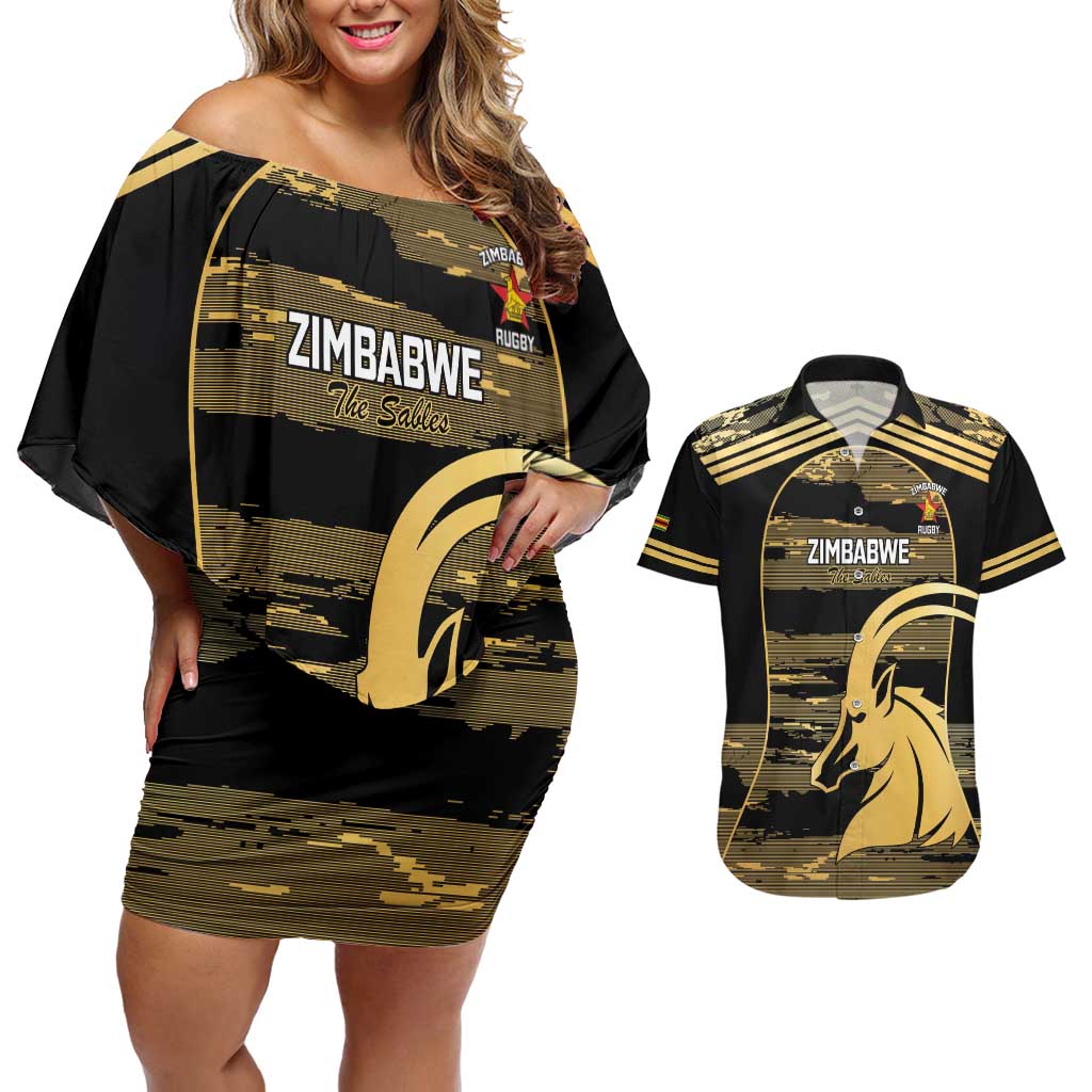 Zimbabwe Rugby Custom Couples Matching Off Shoulder Short Dress and Hawaiian Shirt Come On Sables Gold Black Version - Wonder Print Shop