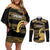 Zimbabwe Rugby Custom Couples Matching Off Shoulder Short Dress and Long Sleeve Button Shirt Come On Sables Gold Black Version - Wonder Print Shop