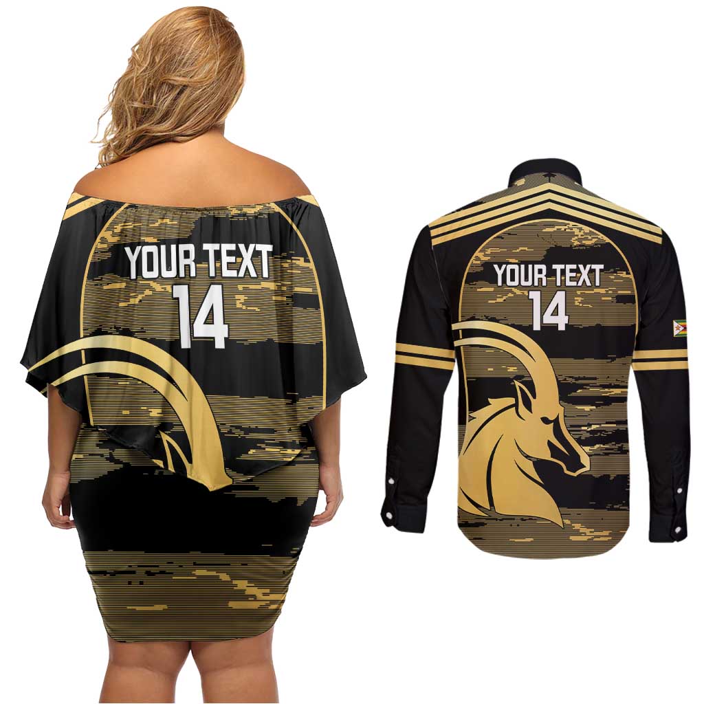 Zimbabwe Rugby Custom Couples Matching Off Shoulder Short Dress and Long Sleeve Button Shirt Come On Sables Gold Black Version - Wonder Print Shop