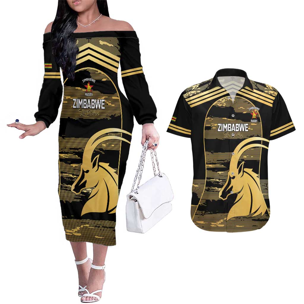 Zimbabwe Rugby Custom Couples Matching Off The Shoulder Long Sleeve Dress and Hawaiian Shirt Come On Sables Gold Black Version - Wonder Print Shop