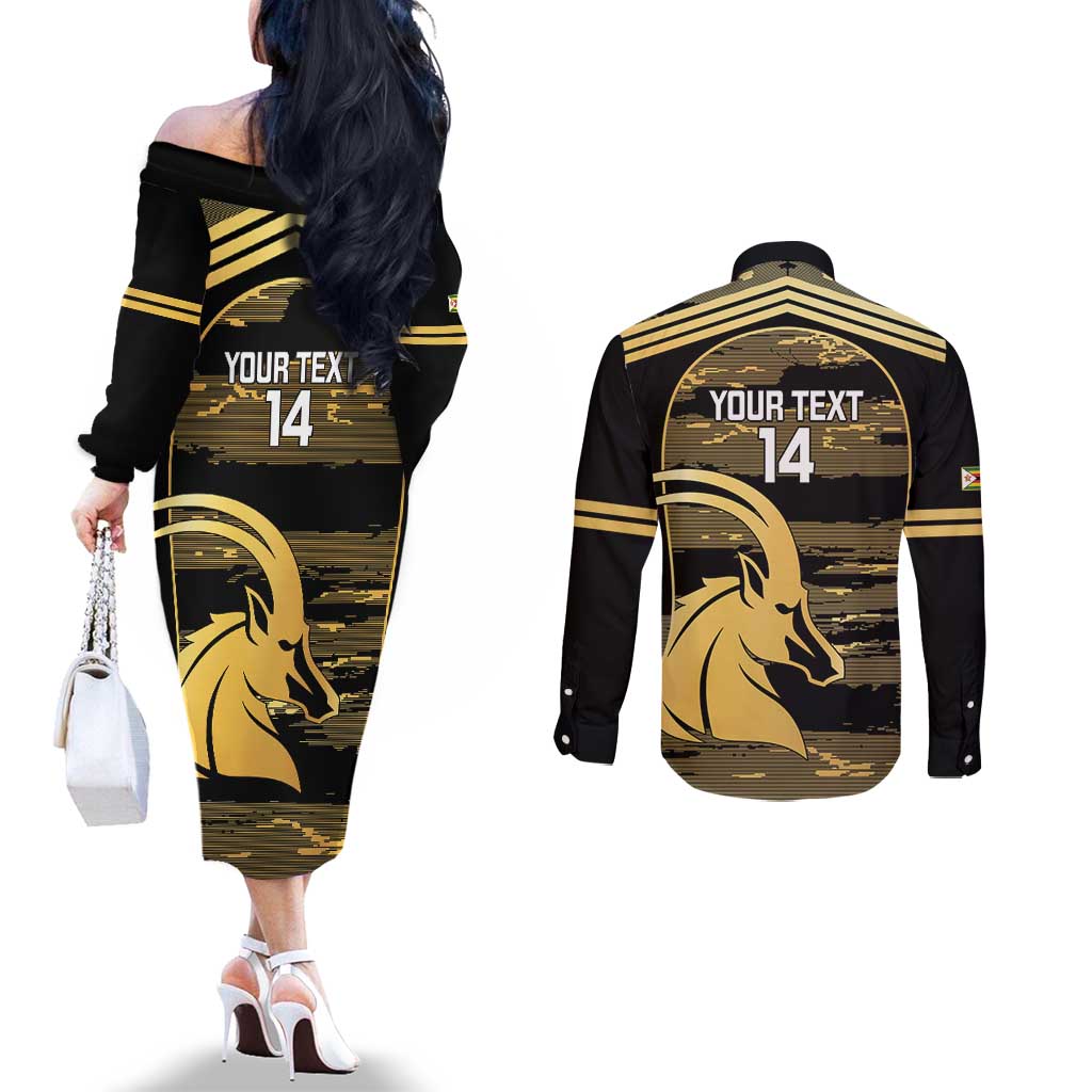 Zimbabwe Rugby Custom Couples Matching Off The Shoulder Long Sleeve Dress and Long Sleeve Button Shirt Come On Sables Gold Black Version - Wonder Print Shop