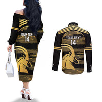 Zimbabwe Rugby Custom Couples Matching Off The Shoulder Long Sleeve Dress and Long Sleeve Button Shirt Come On Sables Gold Black Version - Wonder Print Shop