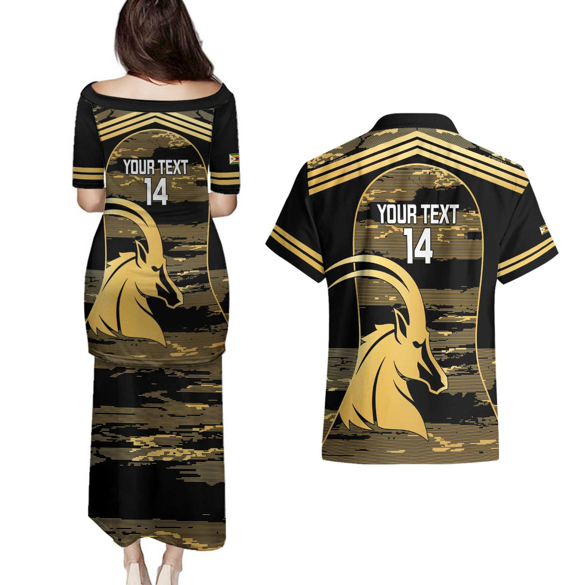 Zimbabwe Rugby Custom Couples Matching Puletasi and Hawaiian Shirt Come On Sables Gold Black Version - Wonder Print Shop