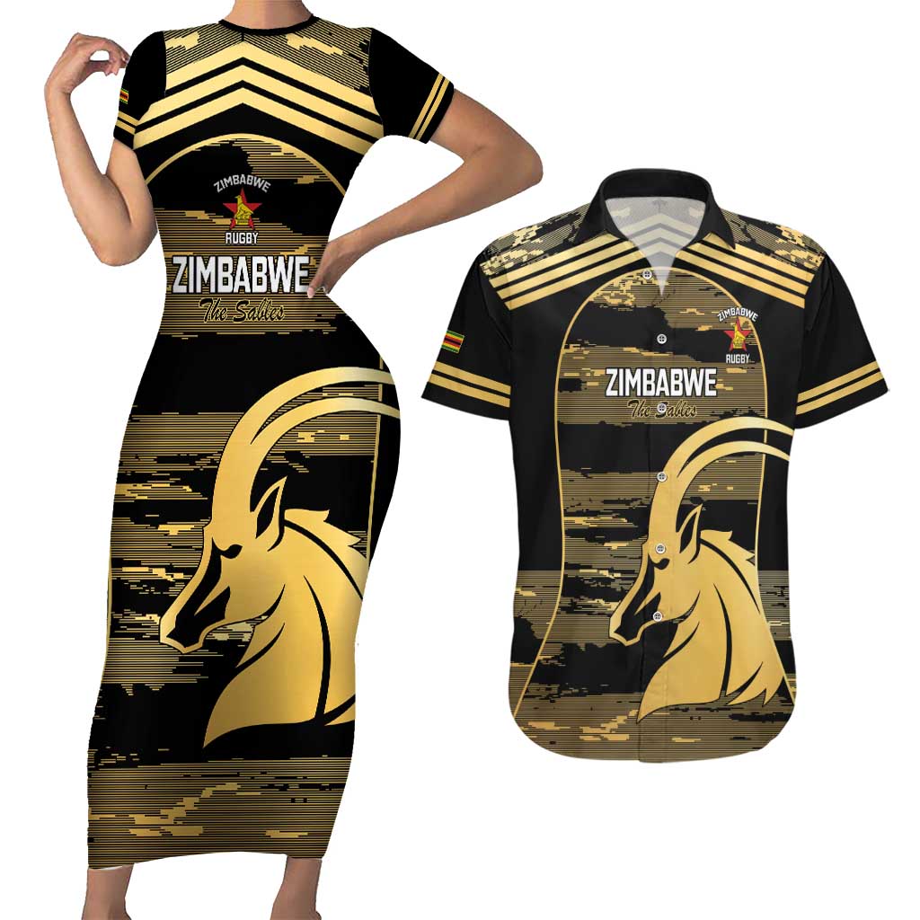 Zimbabwe Rugby Custom Couples Matching Short Sleeve Bodycon Dress and Hawaiian Shirt Come On Sables Gold Black Version - Wonder Print Shop