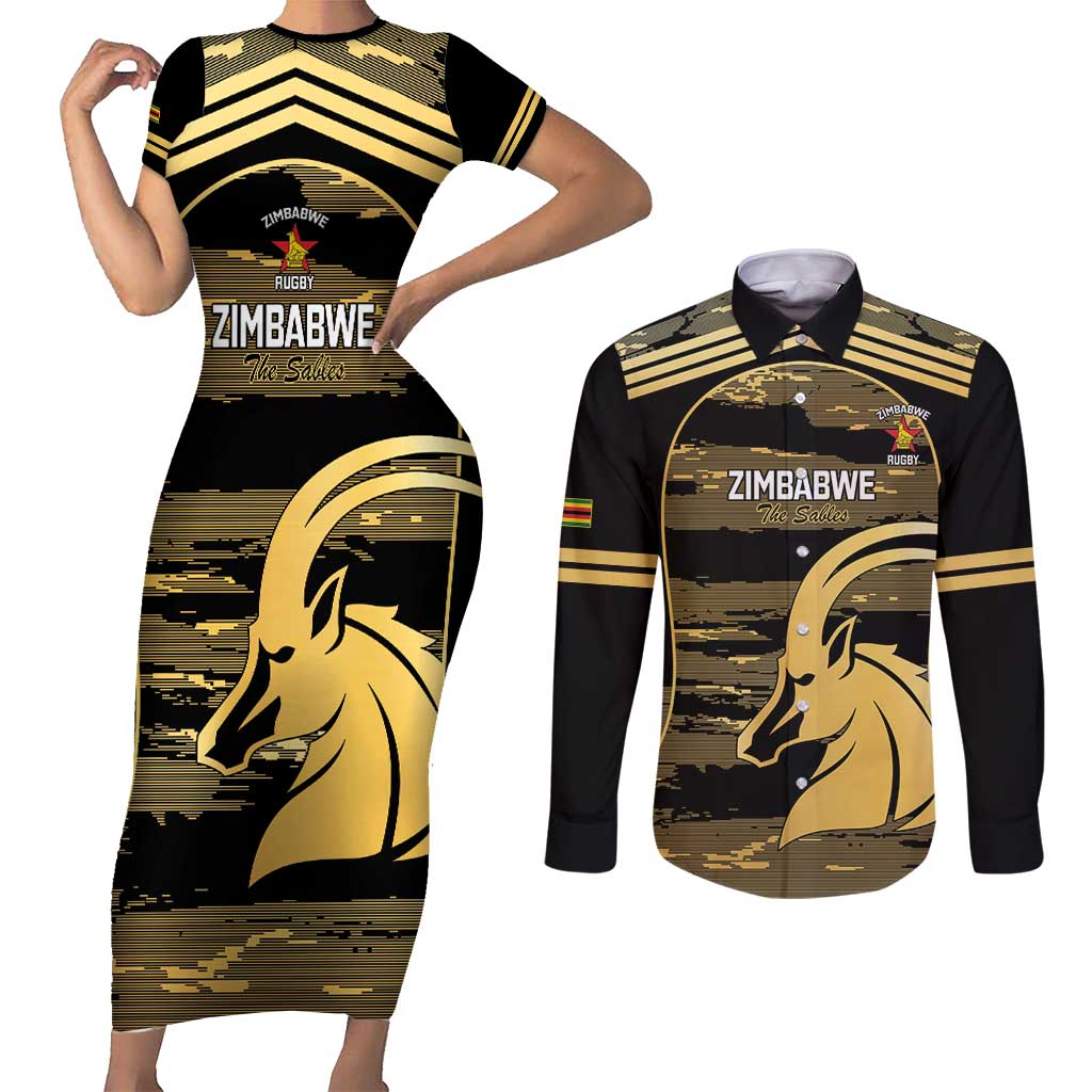 Zimbabwe Rugby Custom Couples Matching Short Sleeve Bodycon Dress and Long Sleeve Button Shirt Come On Sables Gold Black Version - Wonder Print Shop
