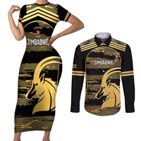 Zimbabwe Rugby Custom Couples Matching Short Sleeve Bodycon Dress and Long Sleeve Button Shirt Come On Sables Gold Black Version - Wonder Print Shop