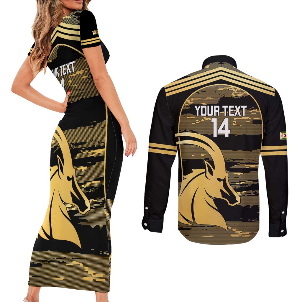 Zimbabwe Rugby Custom Couples Matching Short Sleeve Bodycon Dress and Long Sleeve Button Shirt Come On Sables Gold Black Version - Wonder Print Shop