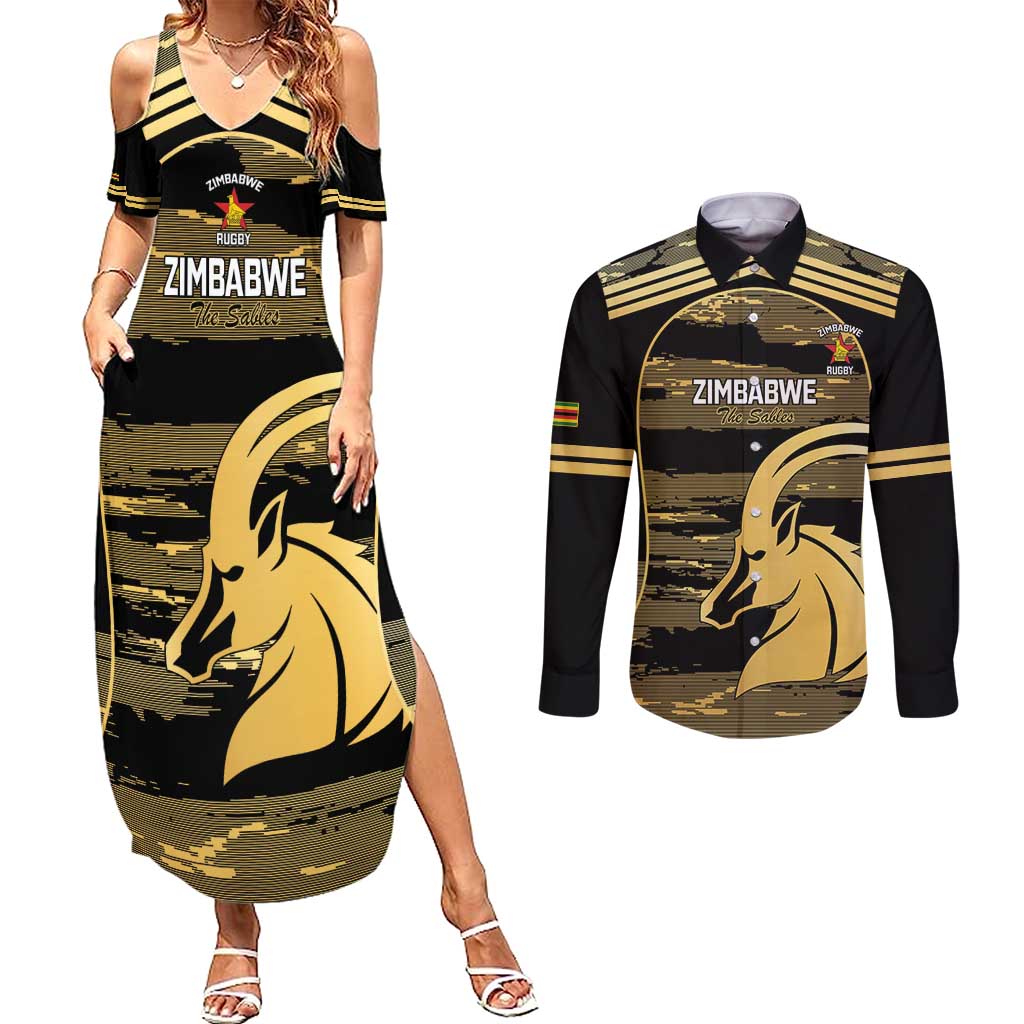Zimbabwe Rugby Custom Couples Matching Summer Maxi Dress and Long Sleeve Button Shirt Come On Sables Gold Black Version - Wonder Print Shop